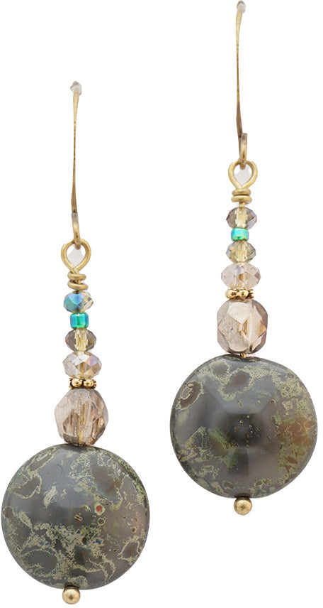 Earrings: Grand Bits of Bliss: Gray Picasso Disk: Antique Brass Hook (Qty. 1 Pair)