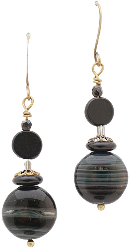 Earrings: Grand Bits of Bliss: Black Disk: Antique Brass Hook (Qty. 1 Pair)