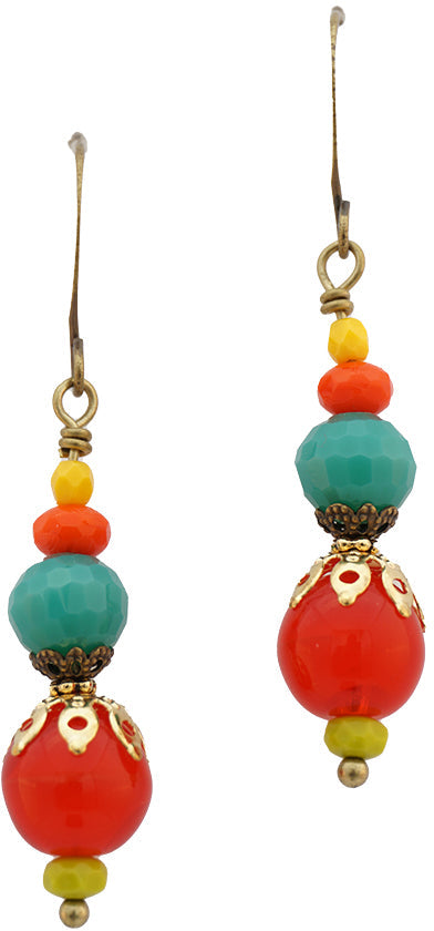 Earrings: Grand Bits of Bliss: Fire Engine Red, Teal and Orange: Antique Brass Hook (Qty. 1 Pair)