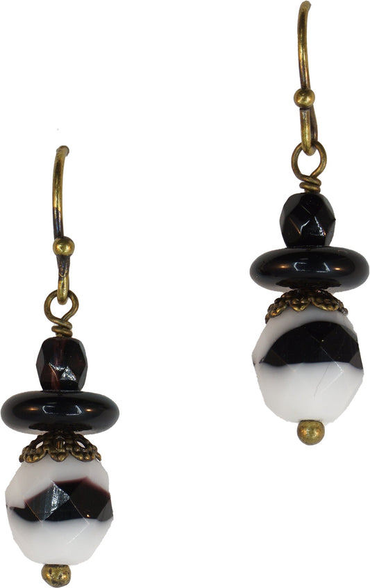 Earrings: Bits of Bliss: Black & White Czech Glass: Antique Brass Hook (Qty. 1 Pair)