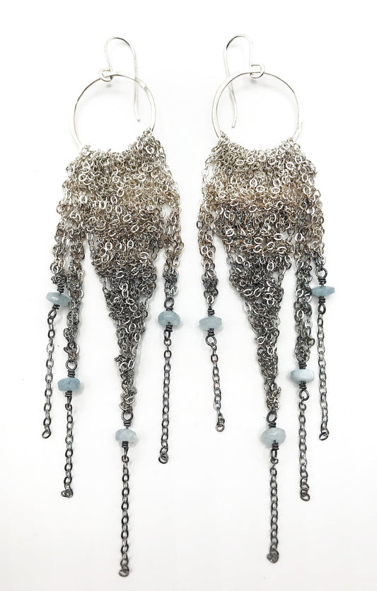 Earrings: crochet fringe: silver ombre: large: amazonite