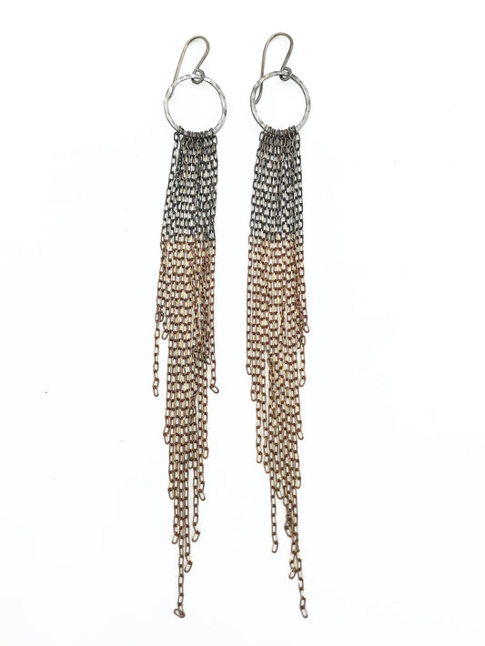 Earrings: Long tassel: silver/brass ombre