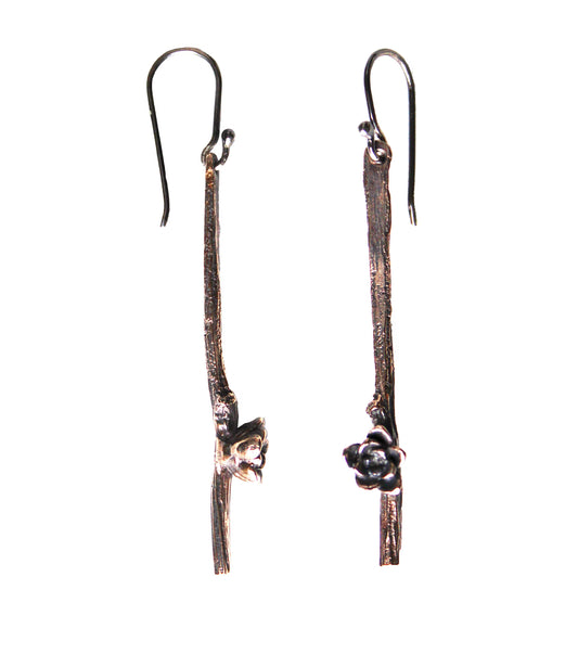 Earrings: twig single: Ancient Bronze: long