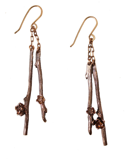 Earrings: twig double: ancient bronze