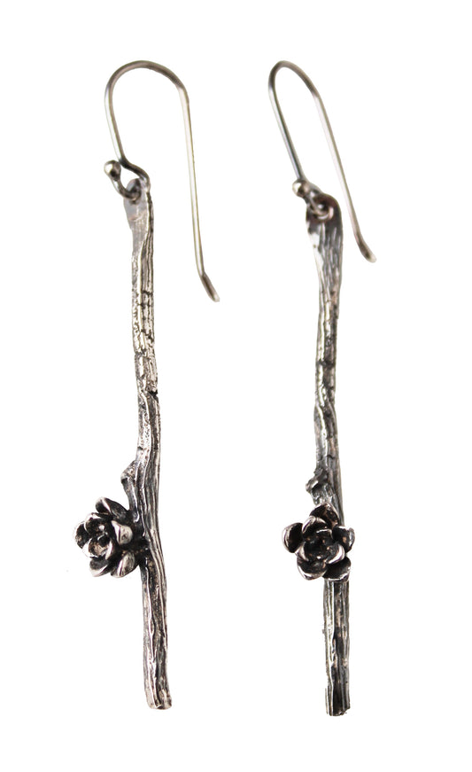 Earrings: twig single: Antique silver: long