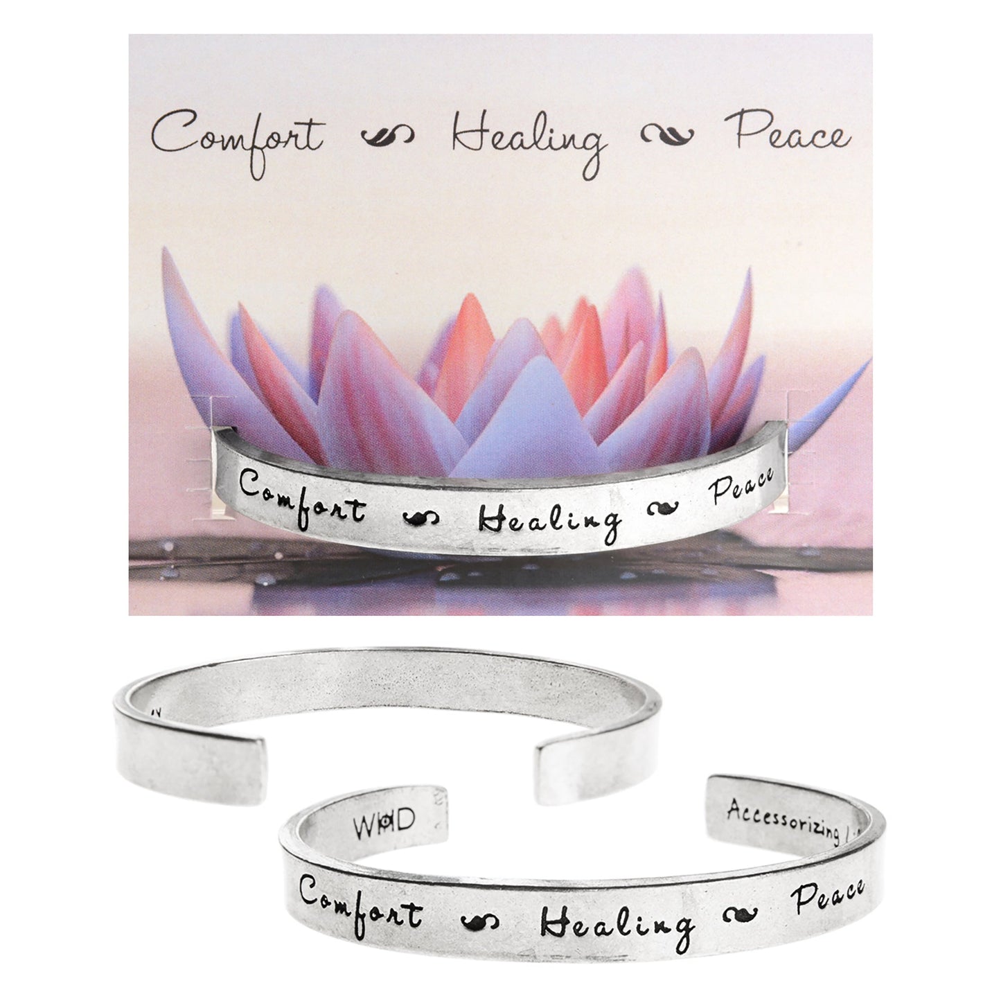 Comfort-Healing-Peace Quotable Cuff Bracelet on Comfort Healing Peace Backer Card