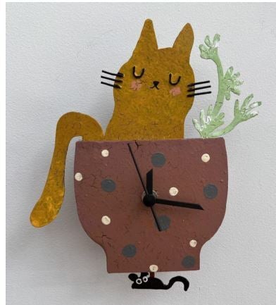 Cat in Pot Wall Clock - Yellow