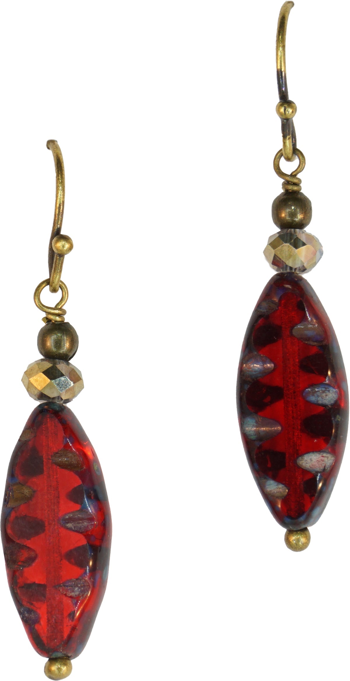 Earrings: Bits of Bliss: Red Czech Glass Surfboard: Antique Brass Hook (Qty. 1 Pair)