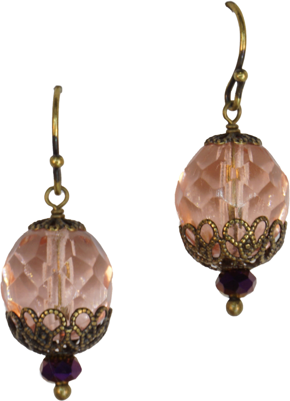 Earrings: Bits of Bliss: Hand-Faceted Rose Czech Glass: Antique Brass Hook (Qty. 1 Pair)