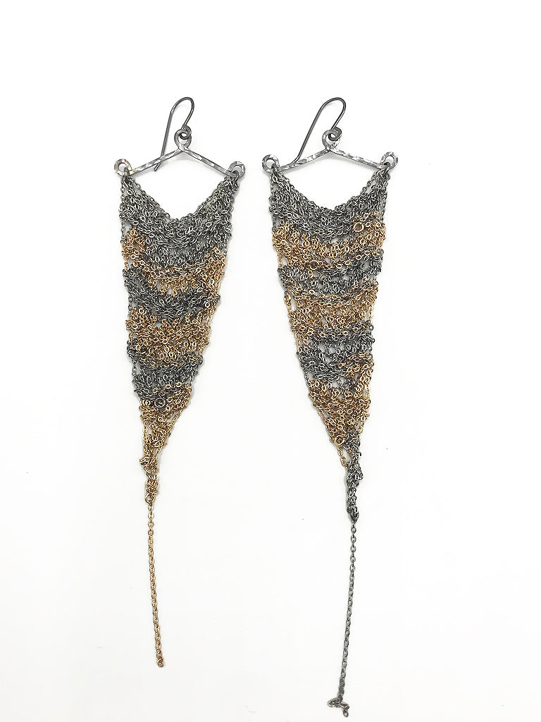 Earrings: Crochet triangle: silver/gold patchwork oxidized: large