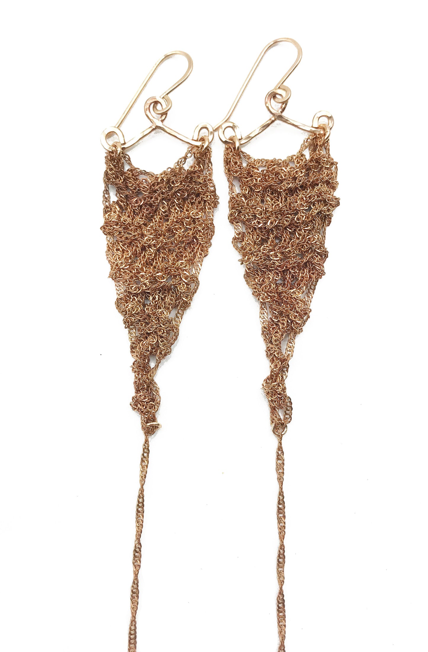 Earrings: crochet triangle: copper: small