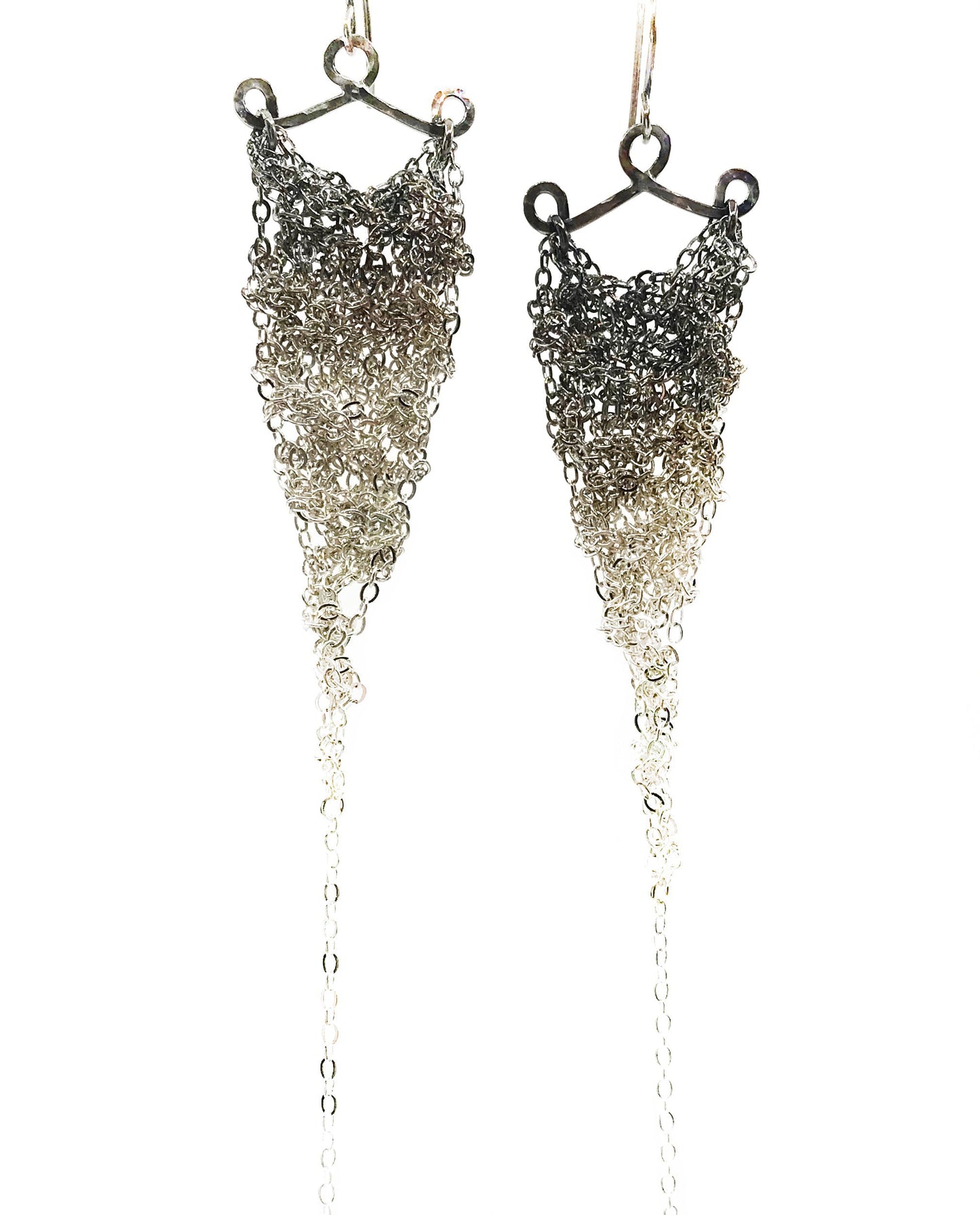 Earrings: Crochet triangle: silver ombre: small