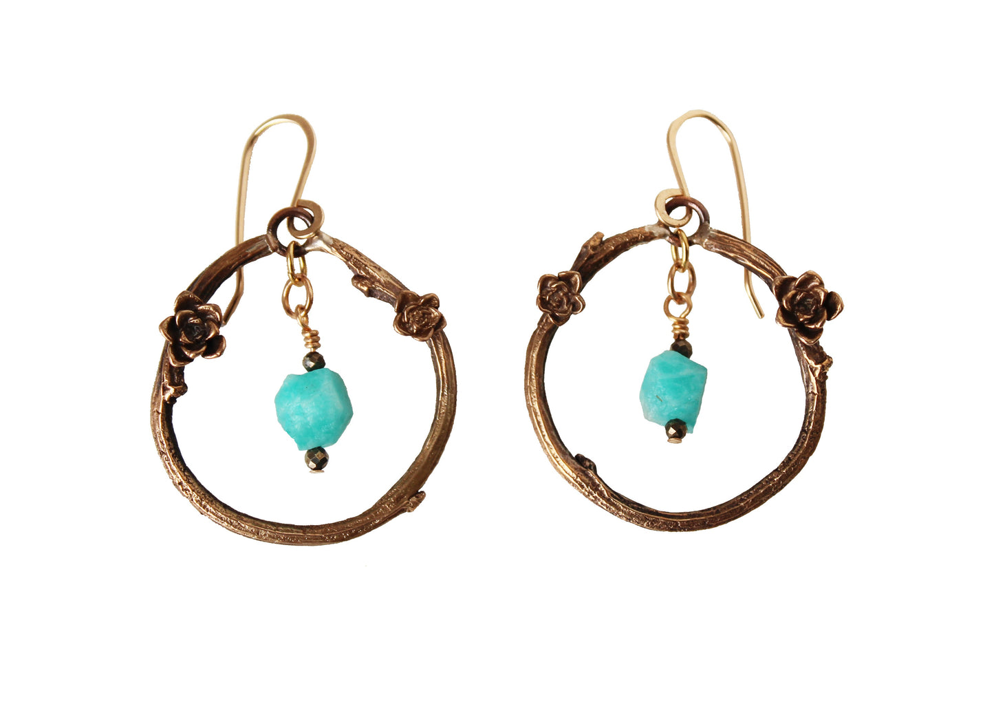 Earrings: twig hoops: Ancient Bronze: green stone